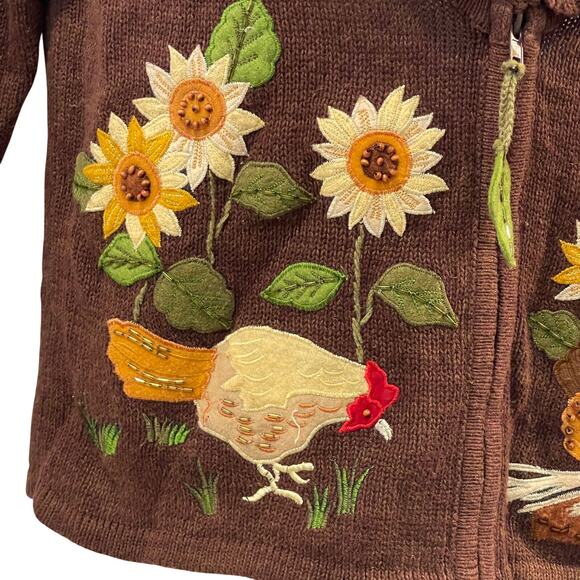 VINTAGE 90s Tiara Int Chicken & Sunflowers Country Charm Cardigan Sweater Size S - Picture 2 of 6